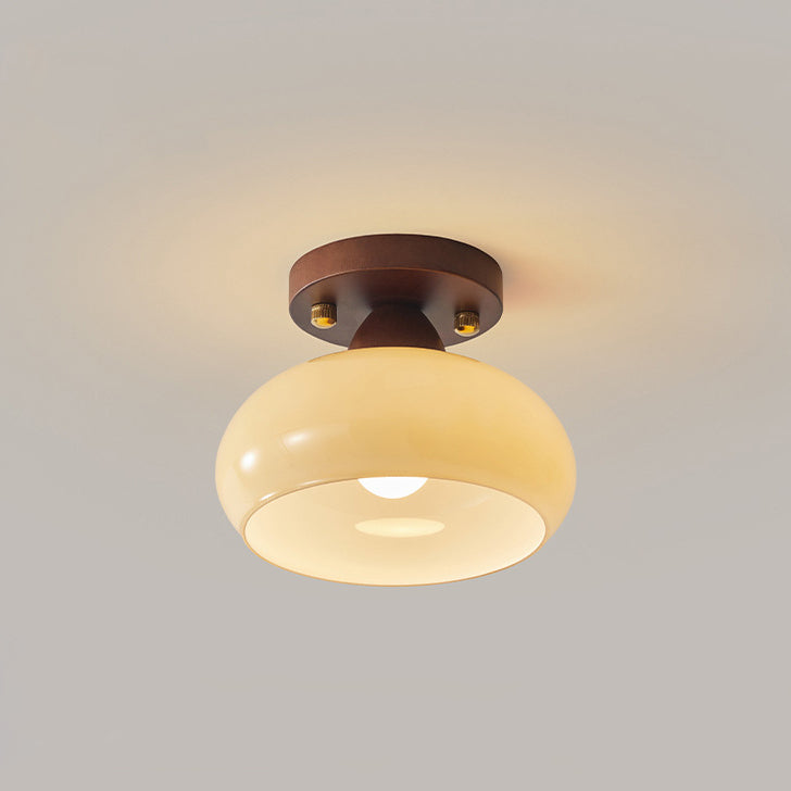 Contemporáneo escandinavo expuesto oculto instalación tambor redondo cuenco de vidrio acanalado hierro madera cobre luz de techo semiempotrada de 1 luz para pasillo 