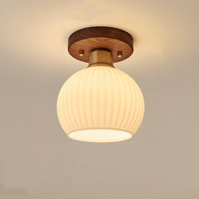 Contemporáneo escandinavo expuesto oculto instalación tambor redondo cuenco de vidrio acanalado hierro madera cobre luz de techo semiempotrada de 1 luz para pasillo 