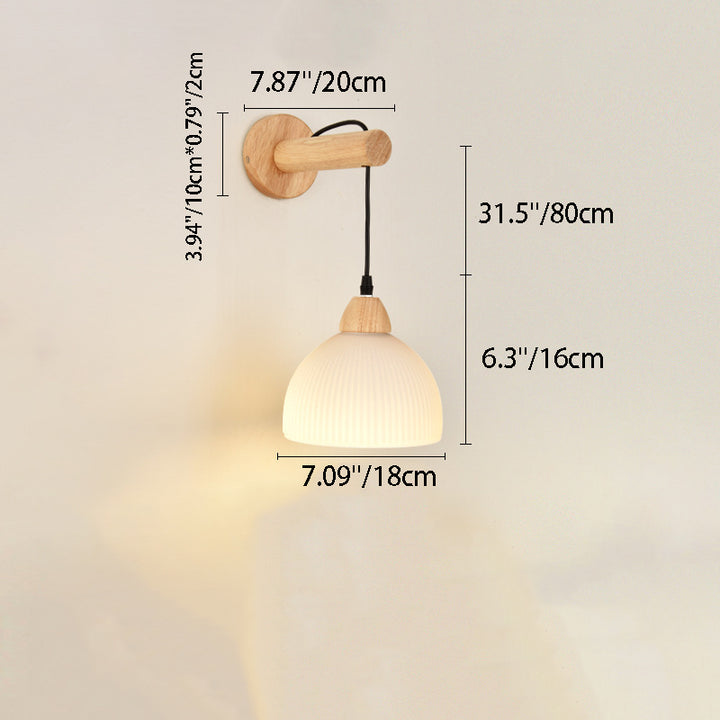 Traditional Japanese Cotton Dome Ribbed Glass PE Shade Wood 1-Light Wall Sconce Lamp For Living Room