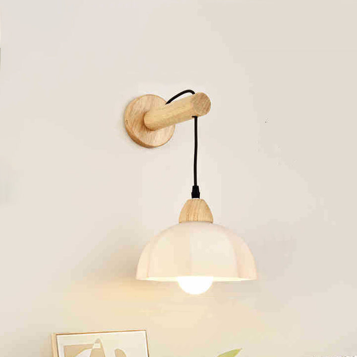 Traditionelle japanische Baumwollkuppel gerippter Glasschirm aus PE Holz 1-Licht Wandleuchte für Wohnzimmer 