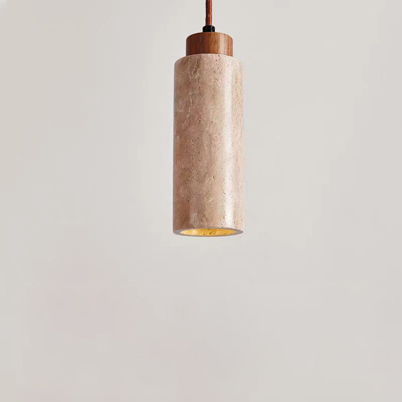 Traditionelle japanische Zylinder Gelbe Travertin Holz 1-Licht Pendelleuchte Für Wohnzimmer 