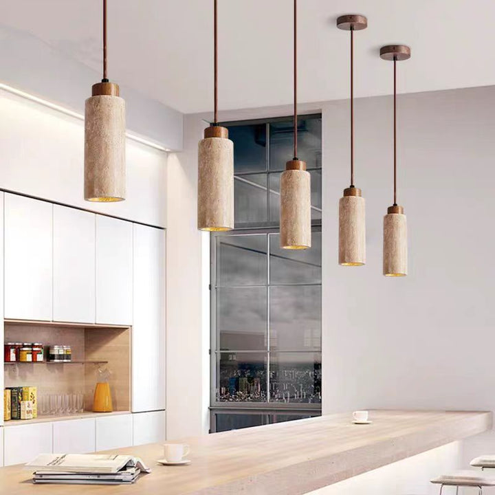 Suspension lumineuse 1 lumière en bois travertin jaune cylindre traditionnel japonais pour salon 