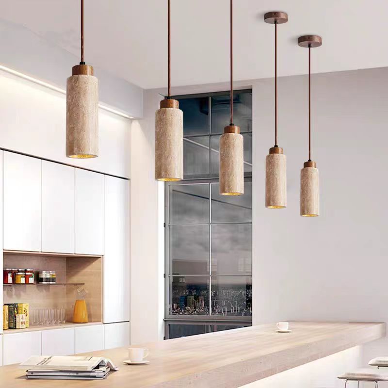 Traditionelle japanische Zylinder Gelbe Travertin Holz 1-Licht Pendelleuchte Für Wohnzimmer 