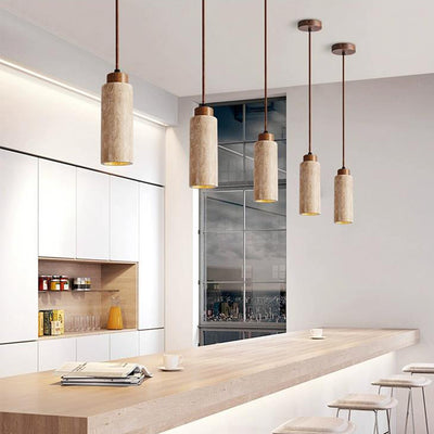 Traditionelle japanische Zylinder Gelbe Travertin Holz 1-Licht Pendelleuchte Für Wohnzimmer 