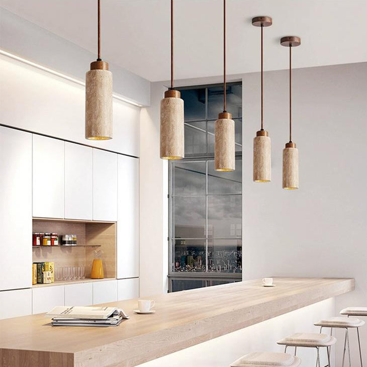 Traditionelle japanische Zylinder Gelbe Travertin Holz 1-Licht Pendelleuchte Für Wohnzimmer 