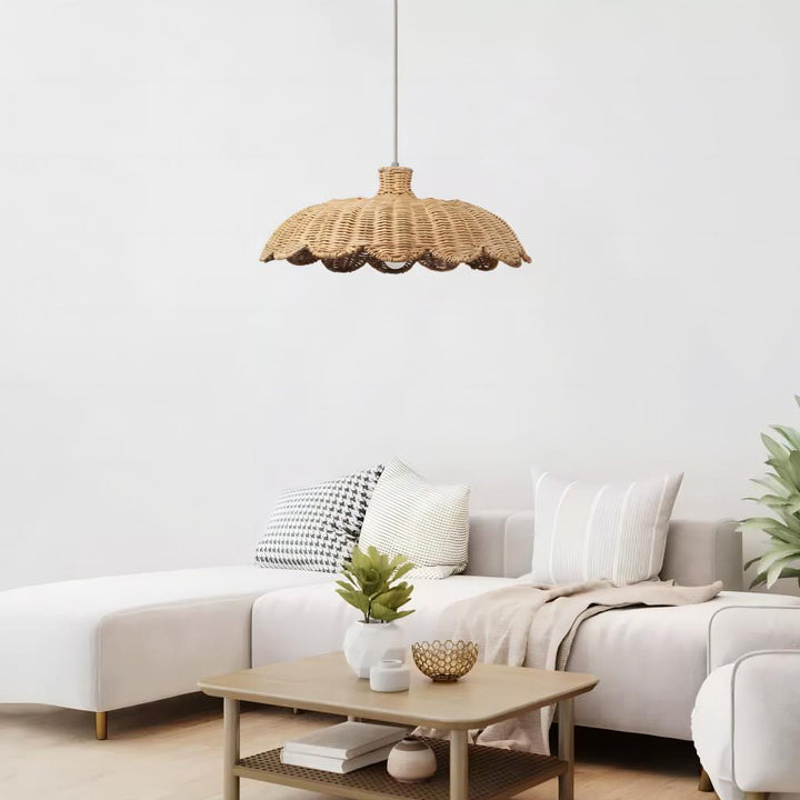 Zeitgenössisches Retro Rüschen Rattan Eisen 1-Licht Pendelleuchte für Wohnzimmer 