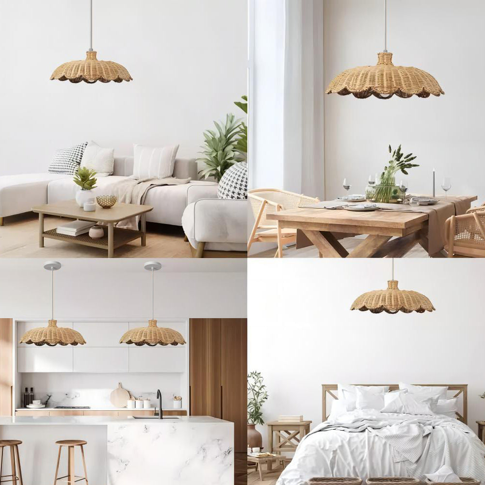 Zeitgenössisches Retro Rüschen Rattan Eisen 1-Licht Pendelleuchte für Wohnzimmer 