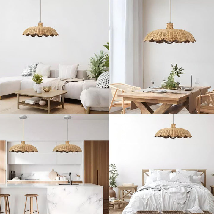 Zeitgenössisches Retro Rüschen Rattan Eisen 1-Licht Pendelleuchte für Wohnzimmer 