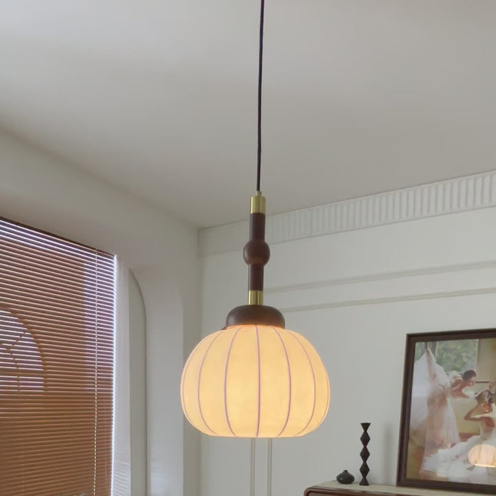 Lámpara colgante de globo de 1 luz de madera, aluminio y seda retro contemporánea para sala de estar 