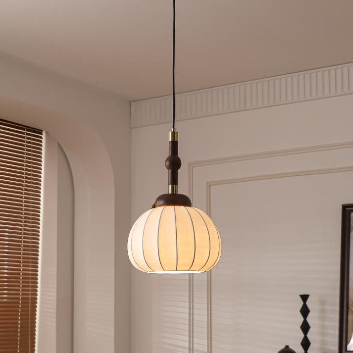Lámpara colgante de globo de 1 luz de madera, aluminio y seda retro contemporánea para sala de estar 