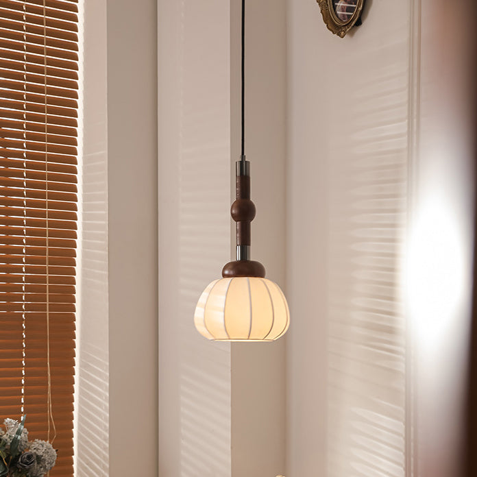 Lámpara colgante de globo de 1 luz de madera, aluminio y seda retro contemporánea para sala de estar 