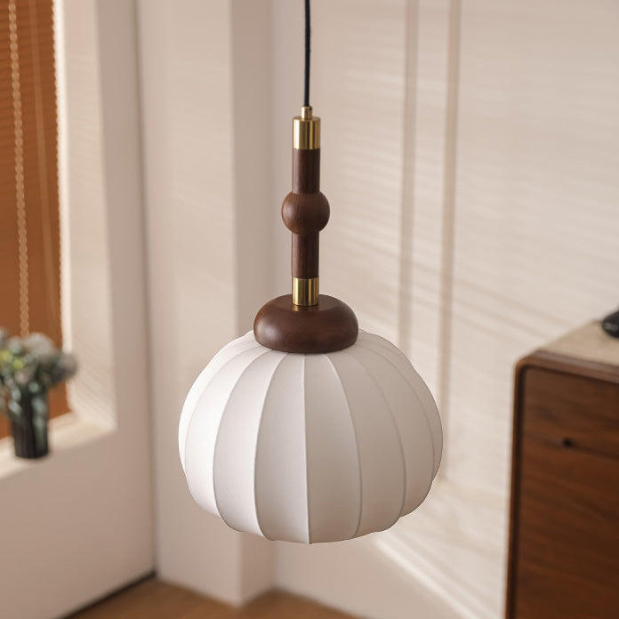 Lámpara colgante de globo de 1 luz de madera, aluminio y seda retro contemporánea para sala de estar 