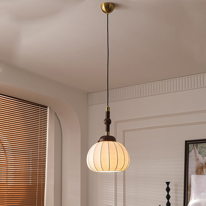 Lámpara colgante de globo de 1 luz de madera, aluminio y seda retro contemporánea para sala de estar 