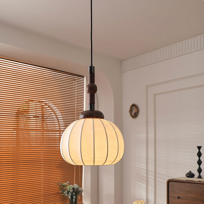 Lámpara colgante de globo de 1 luz de madera, aluminio y seda retro contemporánea para sala de estar 