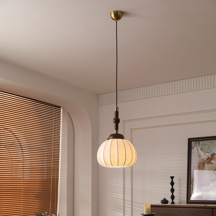 Lámpara colgante de globo de 1 luz de madera, aluminio y seda retro contemporánea para sala de estar 