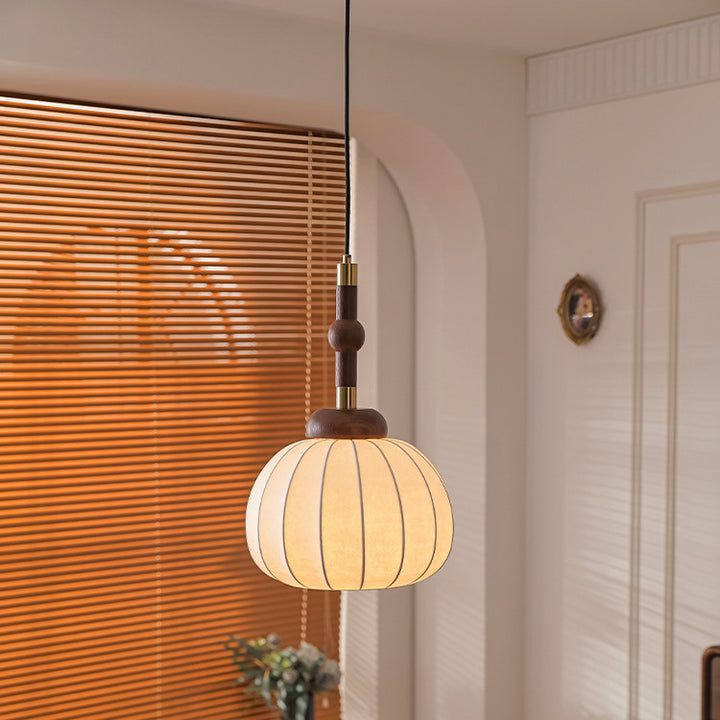 Lámpara colgante de globo de 1 luz de madera, aluminio y seda retro contemporánea para sala de estar 
