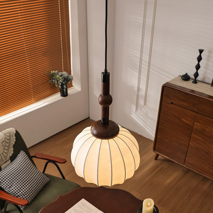 Lámpara colgante de globo de 1 luz de madera, aluminio y seda retro contemporánea para sala de estar 