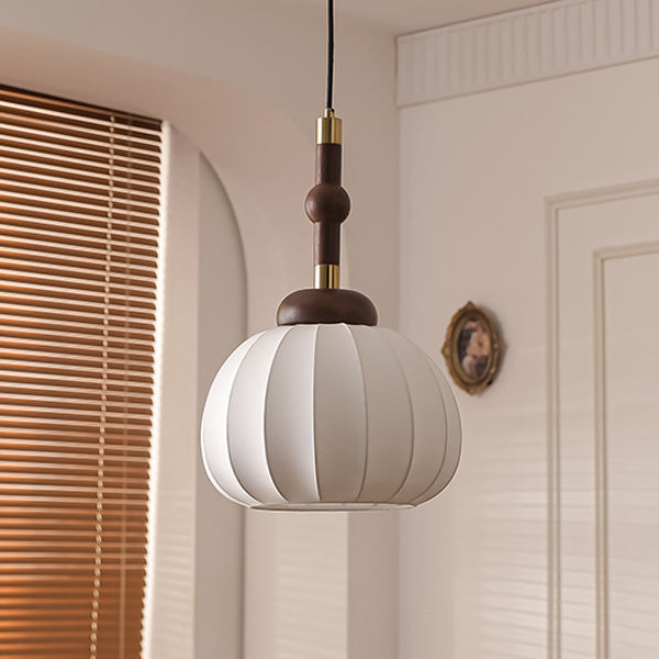 Lámpara colgante de globo de 1 luz de madera, aluminio y seda retro contemporánea para sala de estar 