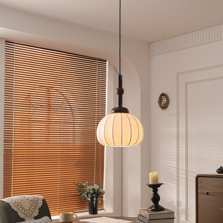 Lámpara colgante de globo de 1 luz de madera, aluminio y seda retro contemporánea para sala de estar 