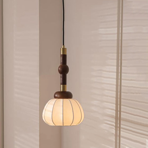 Lámpara colgante de globo de 1 luz de madera, aluminio y seda retro contemporánea para sala de estar 