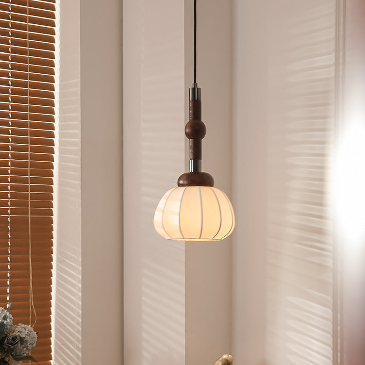 Lámpara colgante de globo de 1 luz de madera, aluminio y seda retro contemporánea para sala de estar 