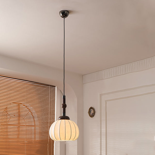 Lámpara colgante de globo de 1 luz de madera, aluminio y seda retro contemporánea para sala de estar 