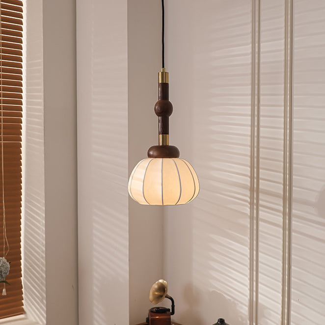 Lámpara colgante de globo de 1 luz de madera, aluminio y seda retro contemporánea para sala de estar 