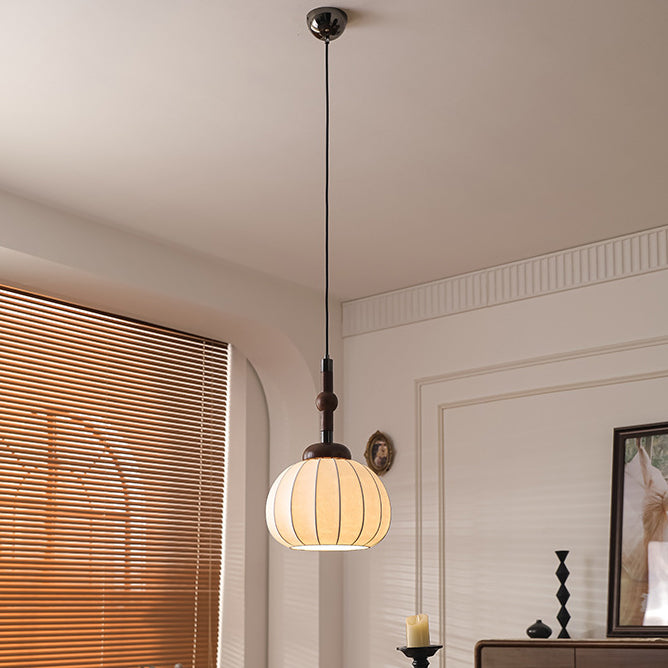 Lámpara colgante de globo de 1 luz de madera, aluminio y seda retro contemporánea para sala de estar 