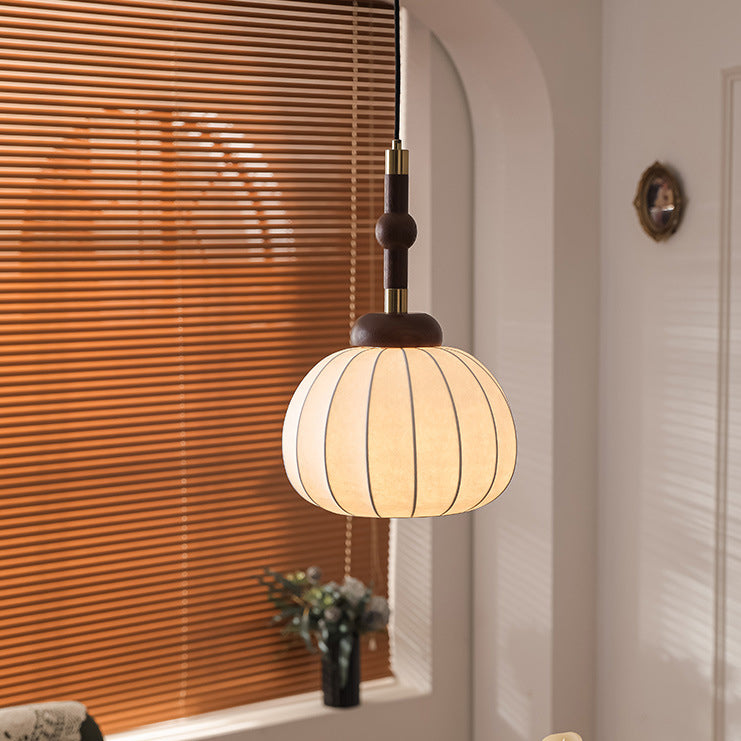 Lámpara colgante de globo de 1 luz de madera, aluminio y seda retro contemporánea para sala de estar 