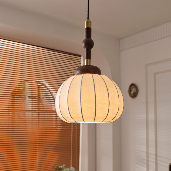 Lámpara colgante de globo de 1 luz de madera, aluminio y seda retro contemporánea para sala de estar 
