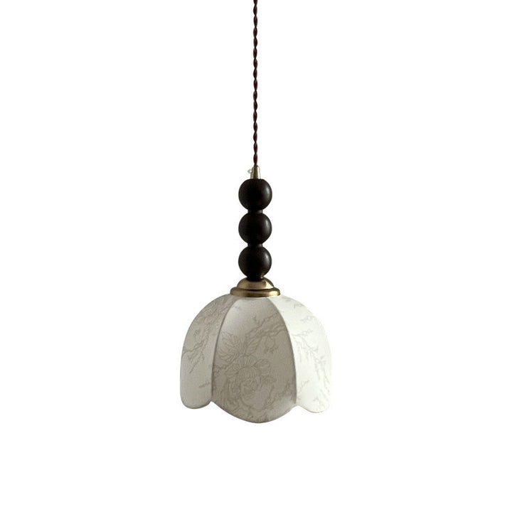 Suspension lumineuse à 1 ampoule en tissu pétale rétro contemporain et boule en bois pour le salon 