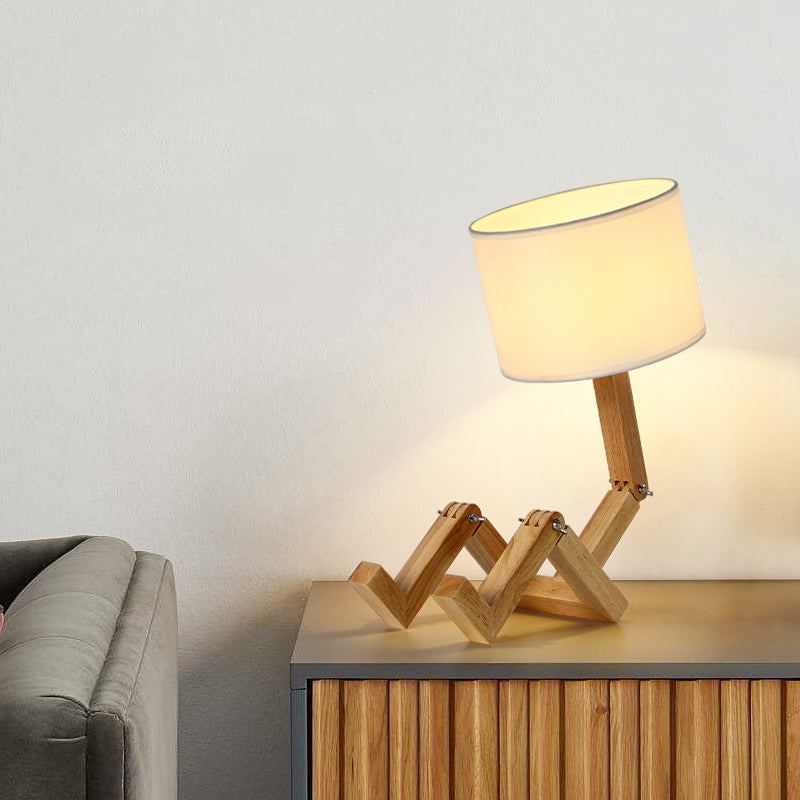 Zeitgenössische kreative verstellbare Roboterform Holzsockel Zylinder Stoff 1-Licht Tischlampe für das Wohnzimmer 
