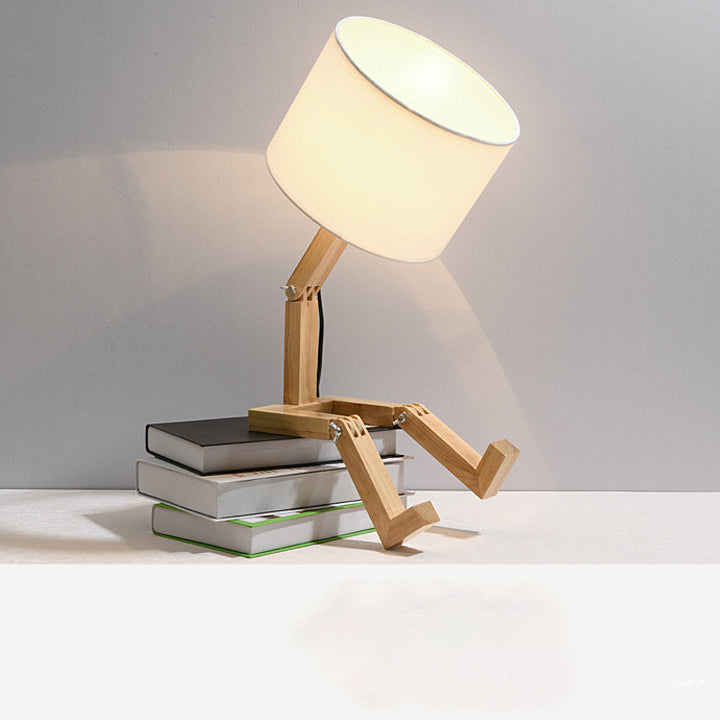 Zeitgenössische kreative verstellbare Roboterform Holzsockel Zylinder Stoff 1-Licht Tischlampe für das Wohnzimmer 