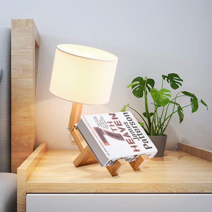 Zeitgenössische kreative verstellbare Roboterform Holzsockel Zylinder Stoff 1-Licht Tischlampe für das Wohnzimmer 