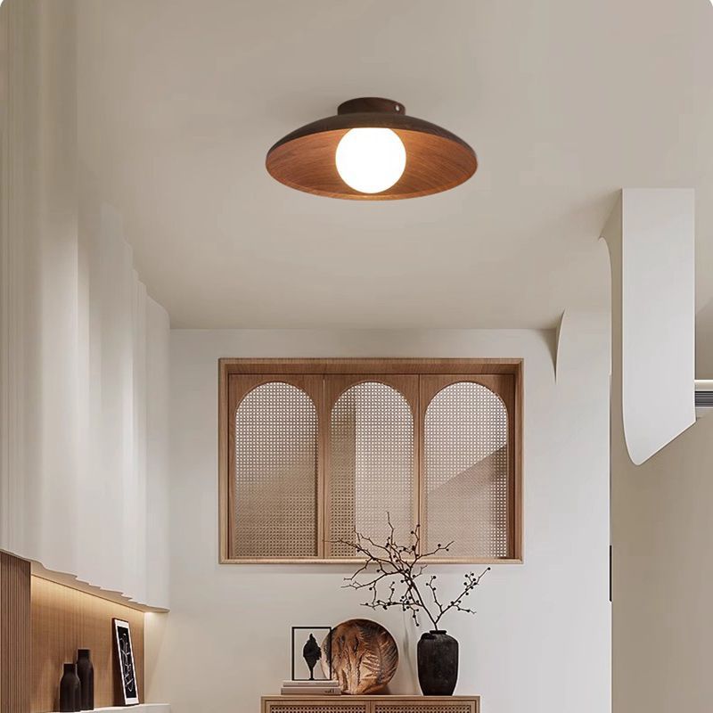 Traditionelle japanische Faux-Holzmaserung fliegende Untertassenform Eisen Glas 1-Licht Semi-Flush Deckenleuchte für Wohnzimmer 