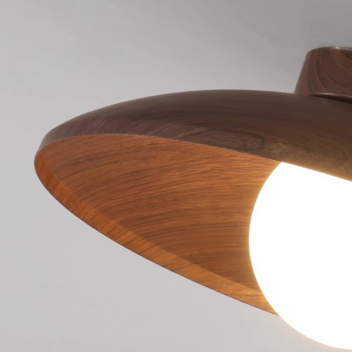 Traditionelle japanische Faux-Holzmaserung fliegende Untertassenform Eisen Glas 1-Licht Semi-Flush Deckenleuchte für Wohnzimmer 