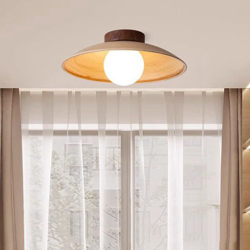 Traditionelle japanische Faux-Holzmaserung fliegende Untertassenform Eisen Glas 1-Licht Semi-Flush Deckenleuchte für Wohnzimmer 