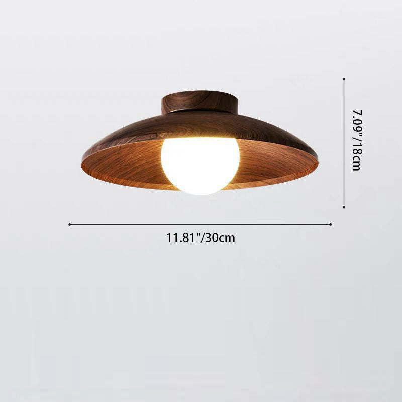 Traditionelle japanische Faux-Holzmaserung fliegende Untertassenform Eisen Glas 1-Licht Semi-Flush Deckenleuchte für Wohnzimmer 