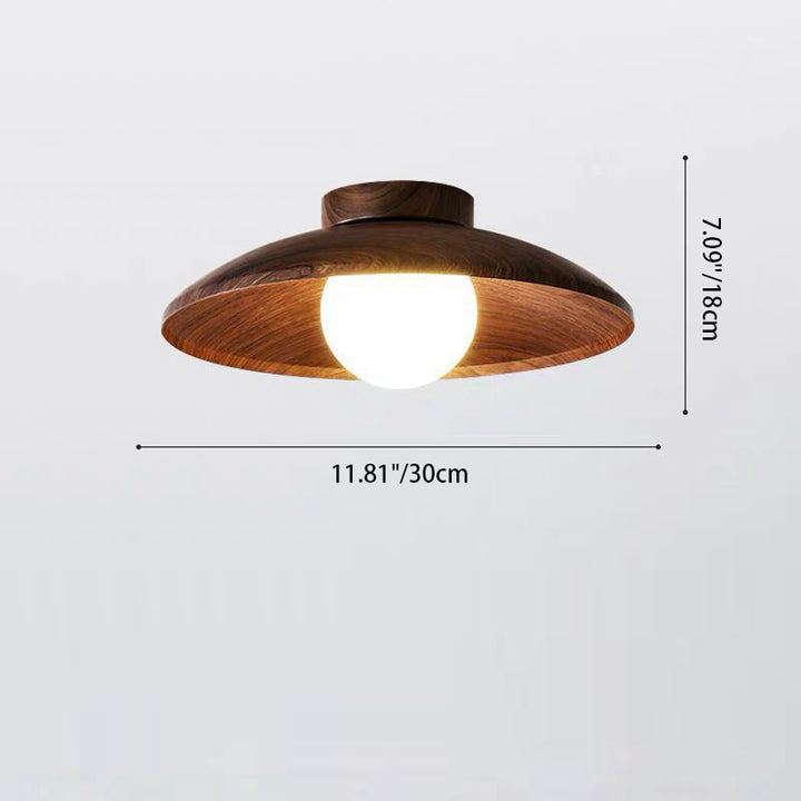Traditionelle japanische Faux-Holzmaserung fliegende Untertassenform Eisen Glas 1-Licht Semi-Flush Deckenleuchte für Wohnzimmer 
