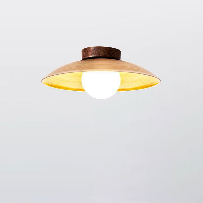 Traditionelle japanische Faux-Holzmaserung fliegende Untertassenform Eisen Glas 1-Licht Semi-Flush Deckenleuchte für Wohnzimmer 