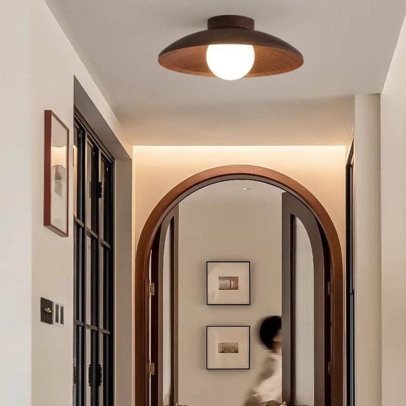 Traditionelle japanische Faux-Holzmaserung fliegende Untertassenform Eisen Glas 1-Licht Semi-Flush Deckenleuchte für Wohnzimmer 