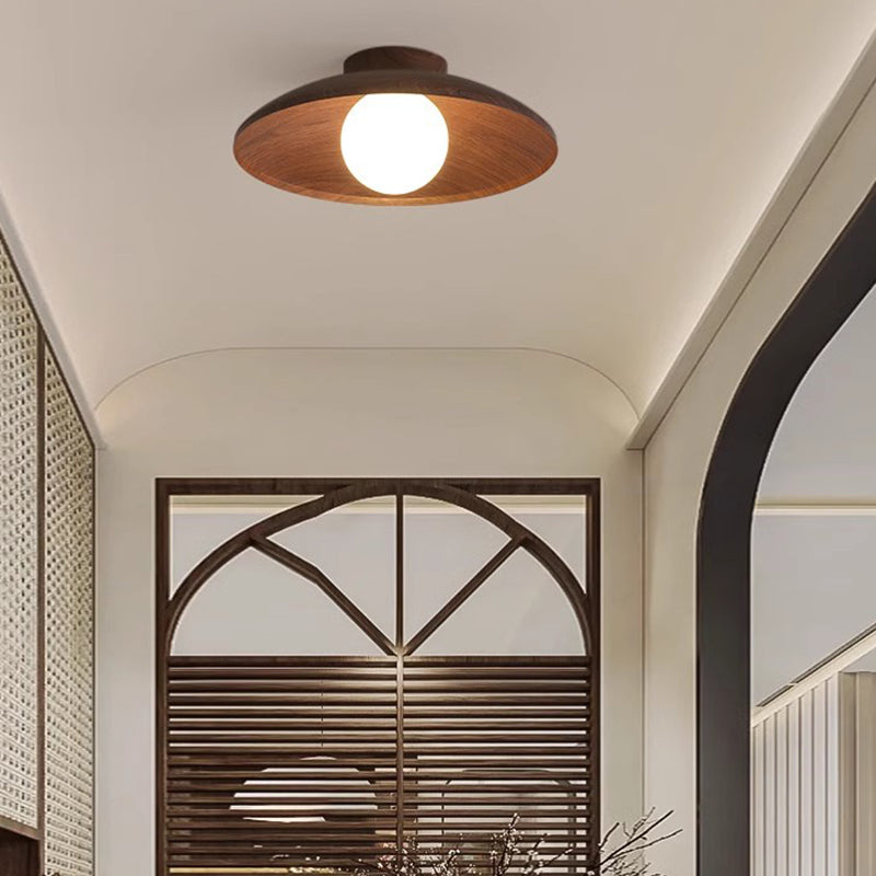 Traditionelle japanische Faux-Holzmaserung fliegende Untertassenform Eisen Glas 1-Licht Semi-Flush Deckenleuchte für Wohnzimmer 