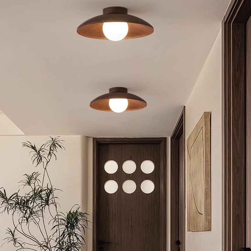 Traditionelle japanische Faux-Holzmaserung fliegende Untertassenform Eisen Glas 1-Licht Semi-Flush Deckenleuchte für Wohnzimmer 