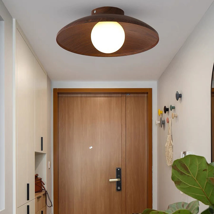 Traditionelle japanische Faux-Holzmaserung fliegende Untertassenform Eisen Glas 1-Licht Semi-Flush Deckenleuchte für Wohnzimmer 