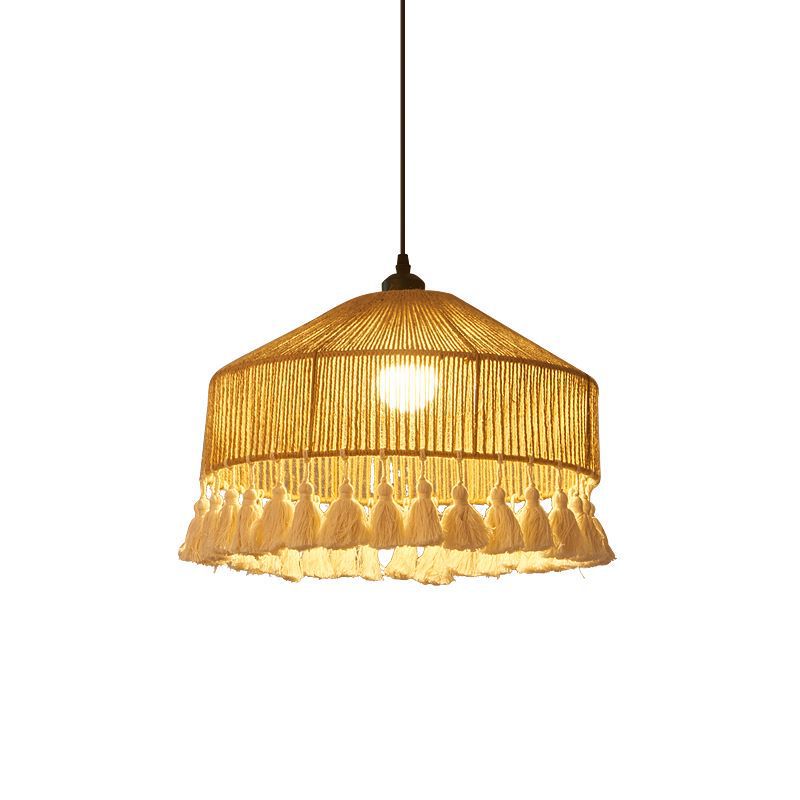 Suspension lumineuse contemporaine bohème en fer avec corde de chanvre tressée et forme de chapeau à pampilles, 1 lumière pour le salon 