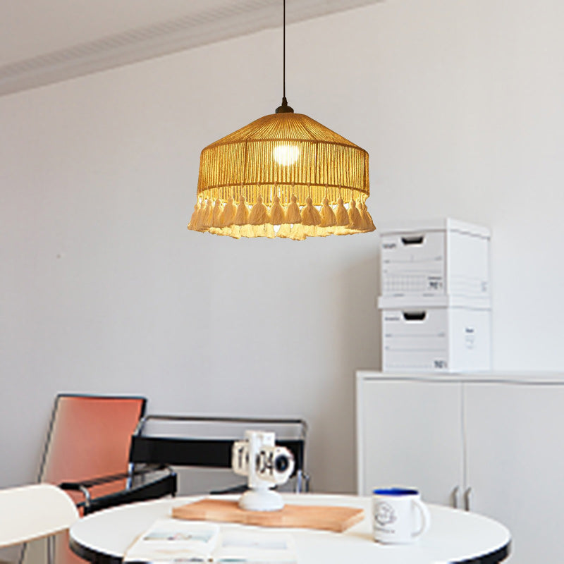 Contemporary Boho Iron Hemp Rope Braiding Tassel Hat Shape 1-Light Pendant Light For Living Room