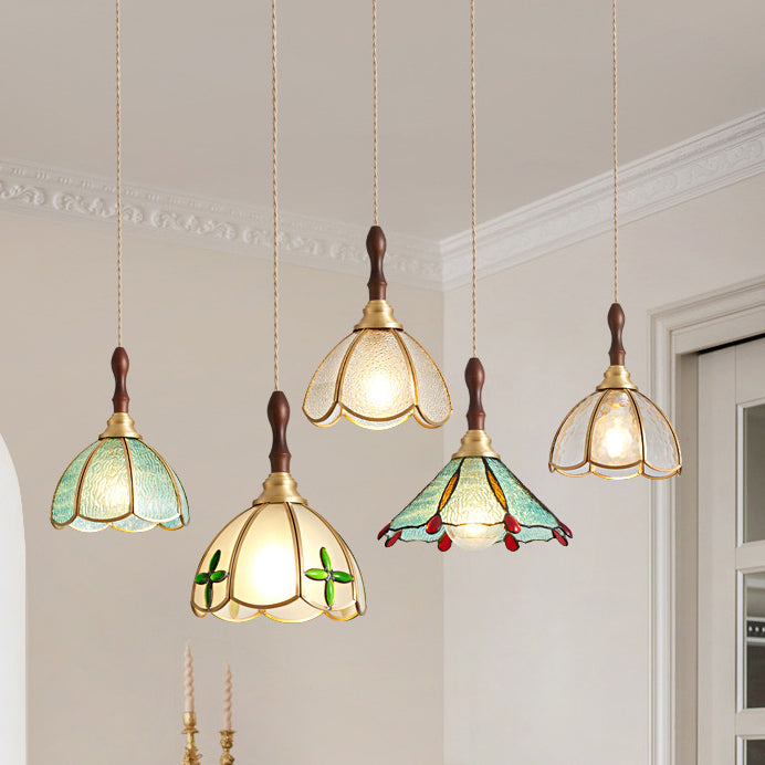 Traditional Tiffany Water Pattern Flower Small Beads Stained Glass Copper 1-Light Pendant Light For Bedroom