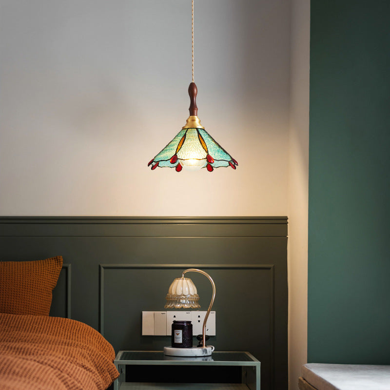 Traditional Tiffany Water Pattern Flower Small Beads Stained Glass Copper 1-Light Pendant Light For Bedroom