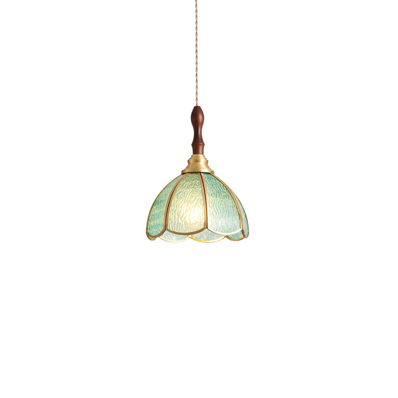 Traditional Tiffany Water Pattern Flower Small Beads Stained Glass Copper 1-Light Pendant Light For Bedroom