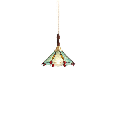 Traditional Tiffany Water Pattern Flower Small Beads Stained Glass Copper 1-Light Pendant Light For Bedroom